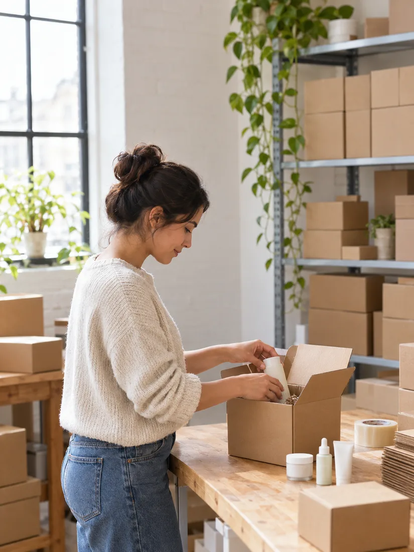 Seller packing a skin care product into a cardboard box on a workbench in a bright warehouse