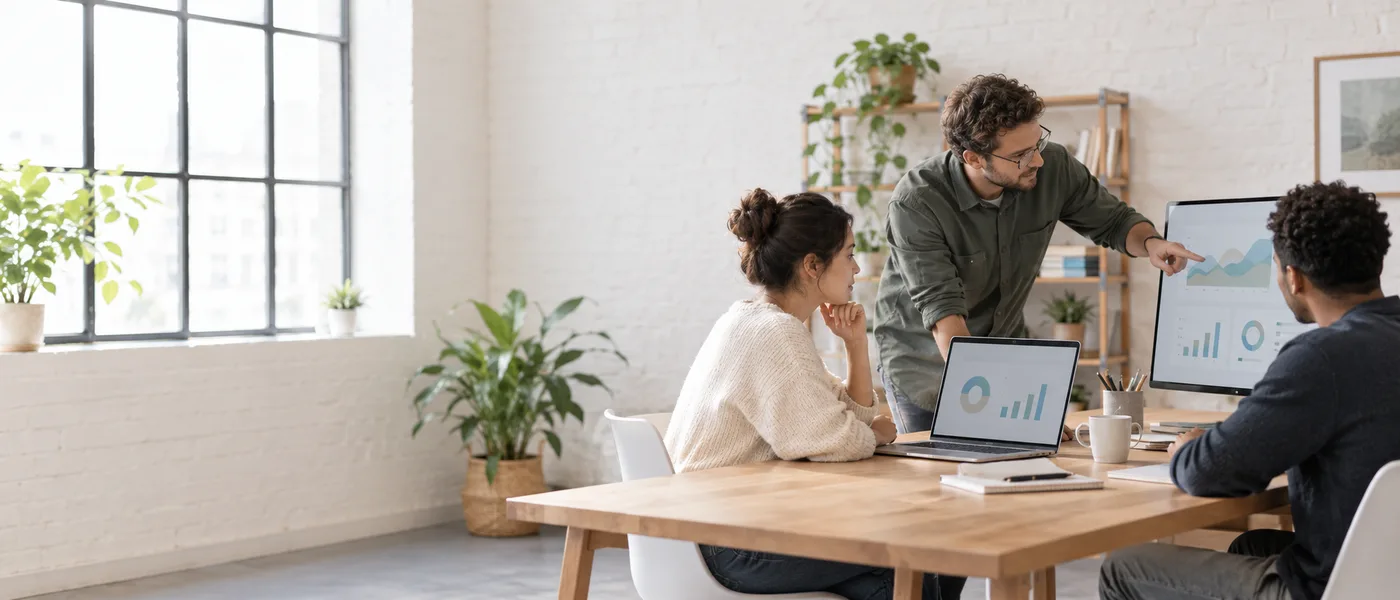 Three colleagues reviewing ranking charts on a laptop and a monitor in a bright office