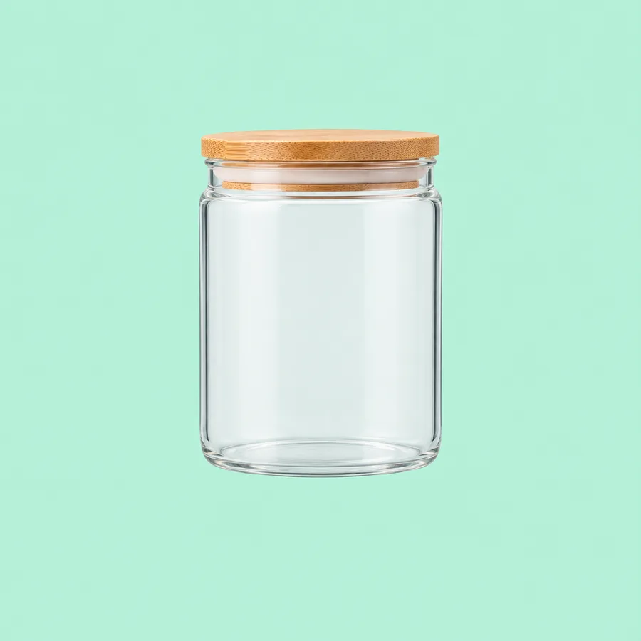 Clear glass storage jar with a bamboo lid on a mint green background