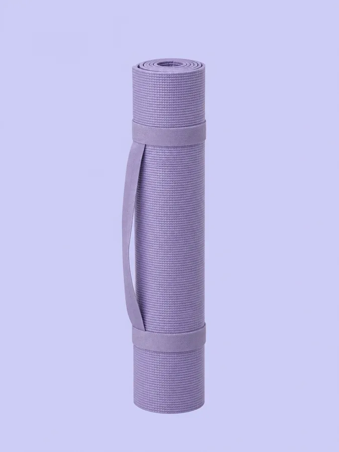 Rolled-up lavender yoga mat with a carry strap, standing upright